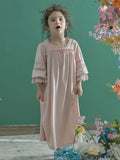 Taooba Vintage Princess Soft Cotton Half Sleeve Parent-child Matching Nightgowns Spring Autumn Sweet Kid's Lace Sleepwear