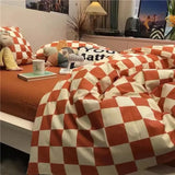 Taooba Nordic Pink Checkerboard Duvet Cover Sets With Pillowcases Flat Sheet Kids Girls Boys Full Queen Twin Size Kawaii Bedding Kit