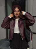 Taooba Elegant Solid Zipper Leather Short Jackets Women Solid Long Sleeves Lapel Bomber Jacket 2024 New Fashion Commute Streetwaer