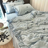 Korean Style Girl Lace Embroidered Bow Summer Cool Quilt Set Of Four Pieces, Washed Cotton, Simple Air Conditioning Quilt,