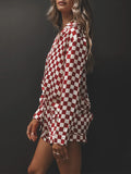 Taooba-Women Pajama Set Loungewear Checkerboard Print Long Sleeve V-Neck Shirt with Elastic Waist Shorts 2 Pieces Sleepwear