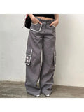 Taooba-Woman Denim Pants Loose Trousers Low Waist Sweatpants Floor-Length Cargo Pockets Pants Bell Bottoms Hiking Design Pant Y2K