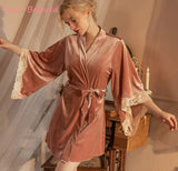 Taooba-Warm Velvet Sleepwear Sexy Lace Trim Bathrobe Women Velour Wedding Bride Robe Loose Kimono Gown Femme Nightgown Loungewear