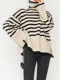 Taooba-Women's Striped Print Sweaters Long Sleeve Turtleneck Side Split Pullovers Casual Knit Tops