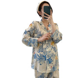 Taooba Christmas Outfit Light Luxury Spring and Autumn New Silk Smooth Pajamas for Women Monet Flower High Grade Long Sleeve Cardigan Satin Silk Pajamas