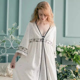 Taooba Sexy White Color  2 Pieces Women's Ice Silk Robe Sets Long Sleeve Royal Roupas De Dormir Femininas Lace Summer Night Dress