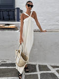 Taooba Sexy White Off Shoulder Halter Pleated Maxi Dress Fashion Sleeveless Loose Dresses Summer 2024 Ladies High Streetwear Vestidos