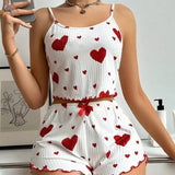 Summer New Sleepwear Women's Pajamas Set 2 PCS Soft Casual Love Printing Tank Tops and Shorts Lingerie Set Pyjamas