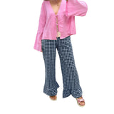 Womens Y2k Plaid Print Pants Gingham Ruffled Hem Elastic Waistband Wide Leg Loose Casual Pajama Trousers Streetweart