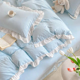 Taooba Korean Princess Style Duvet Cover Set No Filling Pink Blue Soft Washed Cotton Girls Favorite Ruffles Bed Linen Pillowcases