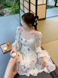 Taooba-Summer Bubble Sleeve Fragmentary White French Fairy Dress Design Sense Waist Closing Medium Length Dress For Wome