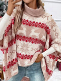 Taooba-Women's Christmas Sweaters Shawl Classic Elk Snowflake Print Batwing Sleeve Turtleneck Pullover Knit Tops 2024 New Year