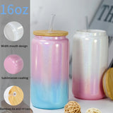 Taooba-1pc 16oz Glass Tumbler Glitter Glass Jar Shimmer Beer Mug Can Shaped Drinking Glass With Bamboo Lid And Reusable Straw DIY Gifts