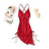 Taooba-Women Nightdress Sexy Spaghetti Strap Nightgown Satin Sleepwear Intimate Lingerie Lace Patchwork Home Dressing Gown Nightwear