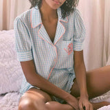 Taooba Kawaii Plaid Pajamas 2 Piece Set Short Sleeve Button Up Blouse Tees Shirt + Frill Trim Shorts 00s Fairycore Retro Sleepwear