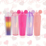 Taooba-1pc Studded Tumbler With Mouse Lid And Straw Shining Sparkling Gradient Colorful Large Capacity Double-wall Plastic Water Bottle