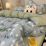 Floral Blue Bedding Set Bear Rabbit Printed Single Queen Size Boys Girls Duvet Cover Sheet Pillowcase Kit for Young