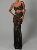 Taooba   See Through Lace Two Piece Skirt Sets Women Crop Top And Maxi Skirt Sets Elegant Party Beach Sexy Two Piece Set