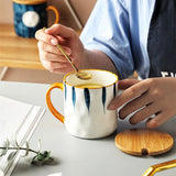 Taooba-400ml Japanese Style Ceramic Mug Coffee Cup Milk oatmeal breakfast cup With Spoon Lid Office Home Tea cups Water Cup Gifts