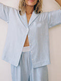 Taooba-Women Y2k Striped 2 Piece Pajama Set Short Sleeve Button Down Blouse Gingham Wide Leg Lounge Pants Sets Sleepwear