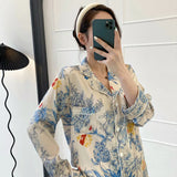 Taooba Christmas Outfit Light Luxury Spring and Autumn New Silk Smooth Pajamas for Women Monet Flower High Grade Long Sleeve Cardigan Satin Silk Pajamas