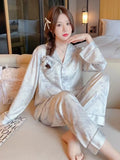 Taooba Christmas Outfit M-5XL Loose Brand Women Pajamas Set Luxury Sleepwear Print Smooth Faux Silk Pajama Set Home Clothe Nightclothes Summer Outfits