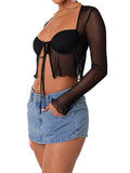 Taooba-Women Sexy Summer Sheer Mesh Blouse Long Sleeve Tie-up Front Slim Fit T-Shirt See-Through Crop Tops