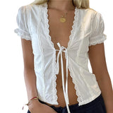 Taooba-y2k Crop Top for Women Summer Fairycore Grunge Clothes White Ruffle Short Sleeve Open Front Lace Tie Up T-shirt 2000s Streetwear