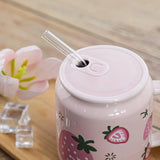 1pc 400ml Cute Fruits Mugs Creative Can Cartoon Ceramic Mug With Straw Lid Milk Tea Mug Office Home Travel Coffee Water Cup