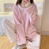 Taooba Christmas Outfit Fleece Thick Warm Women's Pajamas Set Winter Sleepwear Casual Solid Top and Plaid Pants Soft Pijamas Set for Women Home Suit