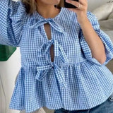 Taooba-Y2K Vintage Plaid T-shirt Front Tie Up Bowknot Blouse Tees Summer Beach Vacation Kawaii Puff Sleeve Ruffles Hem Loose Crop Tops