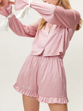 Taooba-Women y2k Cute Satin Comfy Pajama Set Long Sleeve Tie-up Contrast Color Shirt with Shorts Sleepwear Loungewear