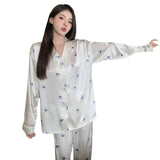 Taooba Women's 2 Piece Pajamas Set Floral Pijama Faux Silk Satin Pyjama Female Sleepwear Long Sleeve Lapel Shirt Pants Suits Homewear