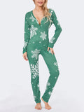 Taooba-Women Y2k Christmas Pajama Print V Neck Long Sleeve Jumpsuits with Buttons  Loungewear Soft Sleepwear Female Nightwear