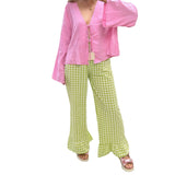 Womens Y2k Plaid Print Pants Gingham Ruffled Hem Elastic Waistband Wide Leg Loose Casual Pajama Trousers Streetweart