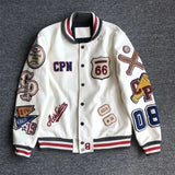 Taooba-Men's spring and autumn baseball uniform Y2K retro trend leather jacket heavy industry embroidery white short coat ins hot sale