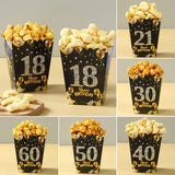 6pcs Birthday Paper Popcorn Box Black Gold Party Favor Treat Box for 18 21 30 40 50 60 Years Old Aldult Birthday Party Suplies