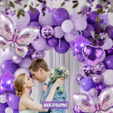 Taooba Color Palette 126pcs Purple Butterfly Balloon Set containing butterfly shaped aluminum balloons for birthday, wedding decoration.