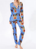 Taooba-Women Y2k Christmas Pajama Print V Neck Long Sleeve Jumpsuits with Buttons  Loungewear Soft Sleepwear Female Nightwear