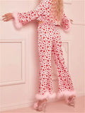 Taooba-Women Valentine's Day Loungewear Set Heart Print Feather Cuff Long Sleeve Lapel Button Down Tops with Long Pants