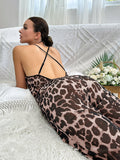 Taooba Women's Sleepwear Leopard Print Crisscross Back Lace Trim Mesh Lounge Wear Jumpsuit 1 Piece Lingerie Deep V Teddy Sexy Bodysuit