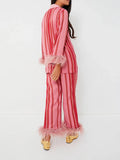 Taooba-Y2K Stripes 2 Piece Pajama Set with Feathers Women Long Sleeves Shirt and Elastic Pants for Loungewear Sleepwear for Nightwear