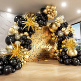 Black and Gold Balloons Garland Arch Kit with Starburst Foil Balloons for Wedding Birthday Family Party Decorations Supplies