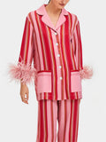 Taooba-Valentine's Day Feather Trim Pajamas Set Striped Long Sleeve Shirt and Wide Leg Pants Cute Matching PJ Sleepwear Loungewear