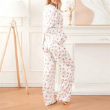 Taooba Women Sleepwear Loungewear Loose 2 Pieces Print Sweet Long Sleeve Lapel Neck Shirt Tops and Elastic Waist Pants Pajamas Set