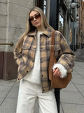 Taooba 2024 New Fashion Single Breasted Plaid Wool Pilot Jacket Chic Lapel Flip Pockets Oversized Coats Autumn Lady Street Outerwears