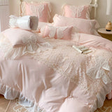 Korean Princess Bedding Set Lace Bow  Beauty Solid Color Lace Ruffle Quilt Cover Luxury Girls Wedding Home Textiles Duver Cover