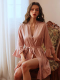 Taooba Summer Female Private Sexy Pajamas Pure Imitation Silk Nightdress Lotus Cuff Cardigan Robe Nightgown for Women