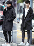 Taooba-Spring Autumn Long Trench Coat Men Fashion Hooded Windbreaker Black Overcoat Casual Jackets