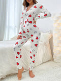 Taooba-Valentines Day Women Sexy Bodycon One Body Pajama Heart Print Long Sleeve Button V Neck Jumpsuit 1Piece Romper Sleepwear